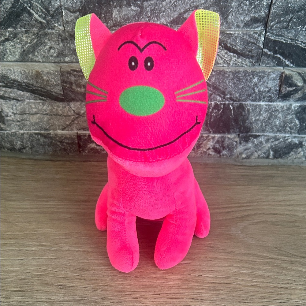 Calplush Bright Pink Cat Stuffed Animal with Green Nose Accent 7”